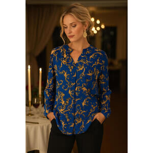 Dear Scarlett Blouse 3XL NWT Blue/Gold Print Long Sleeve